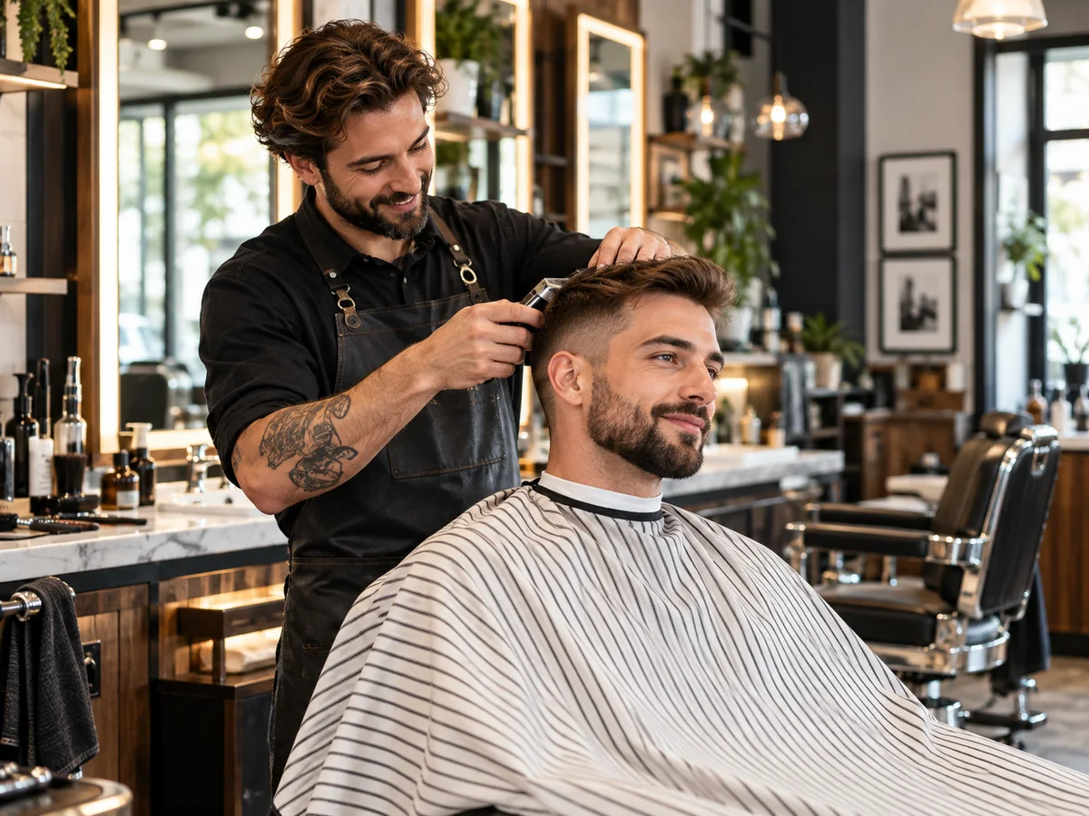 Barbeiro atendendo cliente em uma barbearia moderna