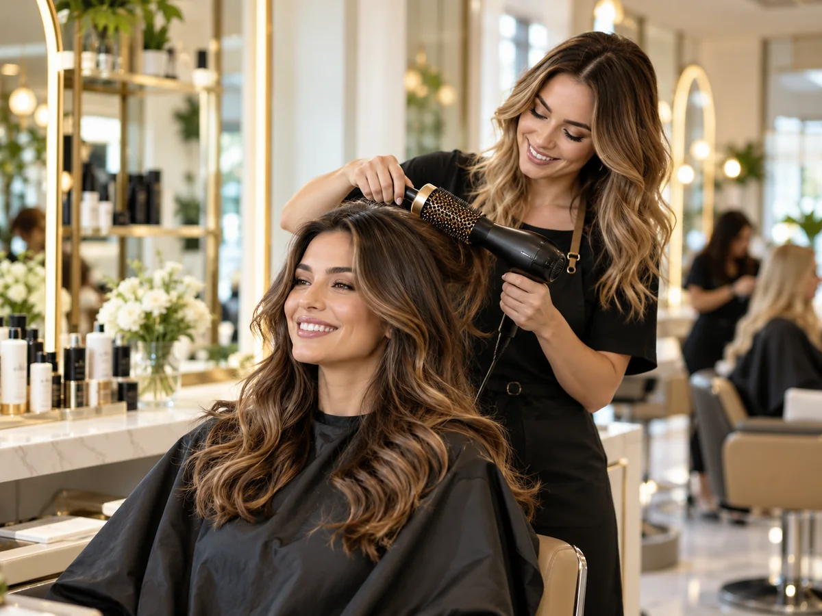 Cabeleireira atendendo cliente em um salão feminino